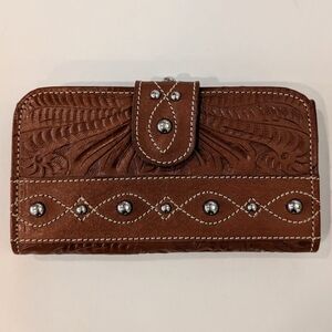 American West Tooled Leather Wallet w/ Silver Accents EUC